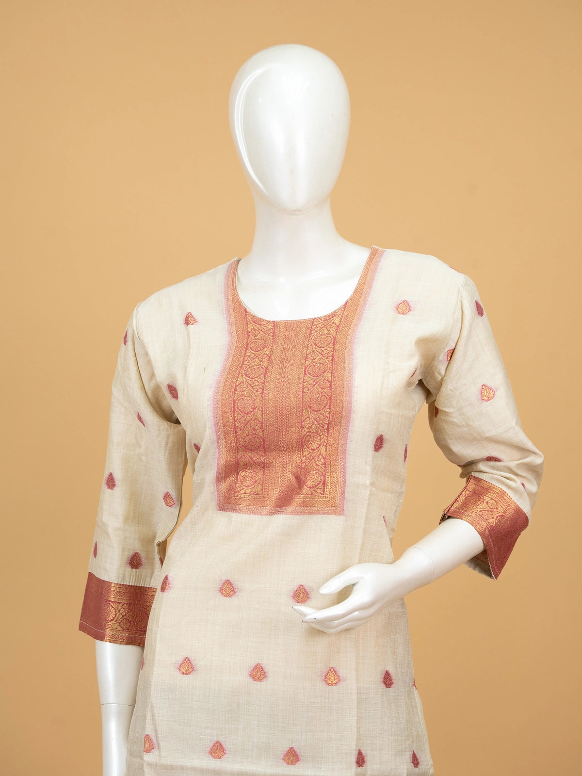 Cream cotton silk zari woven straight cut kurti set with maroon pants and pink zari dupatta