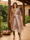 Brown Textured Straight Cut Kurti Set with Floral Printed Dupatta