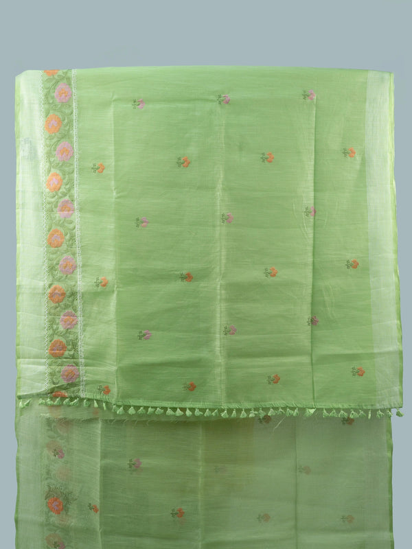 Light green linen cotton saree with silver zari border and multicoloured floral embroidery