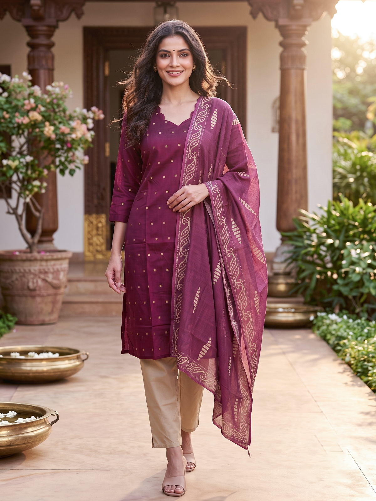 Wine Buti Ready Made Straight Cut Kurti Set with Printed Dupatta