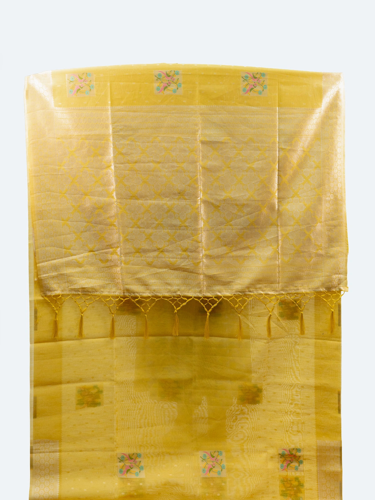 Bright yellow linen cotton saree with gold zari border, buti dots and pastel bird-floral motifs