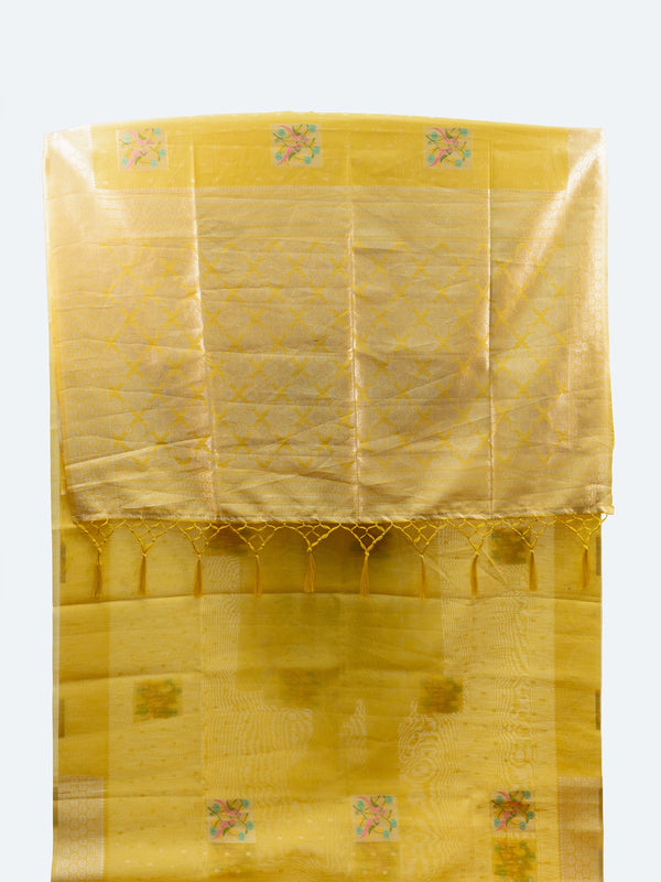 Bright yellow linen cotton saree with gold zari border, buti dots and pastel bird-floral motifs