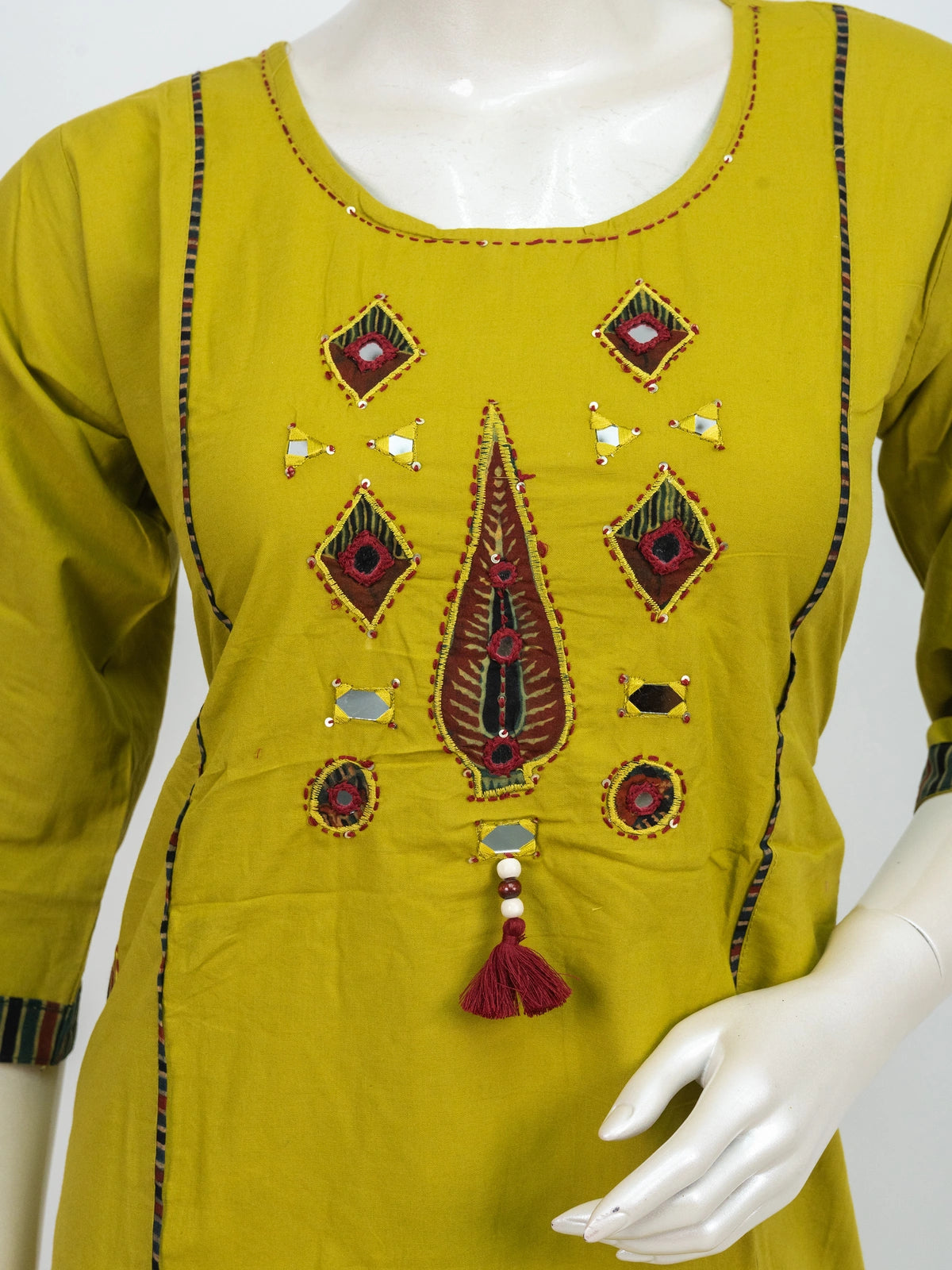 Mustard Green Cotton Mirror Work Straight Cut Kurti Set with dark green block-print dupatta