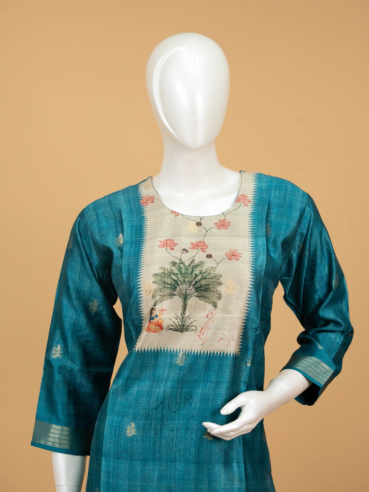 Teal tussar silk Pichwai printed straight cut kurti set with beige peacock dupatta and pants