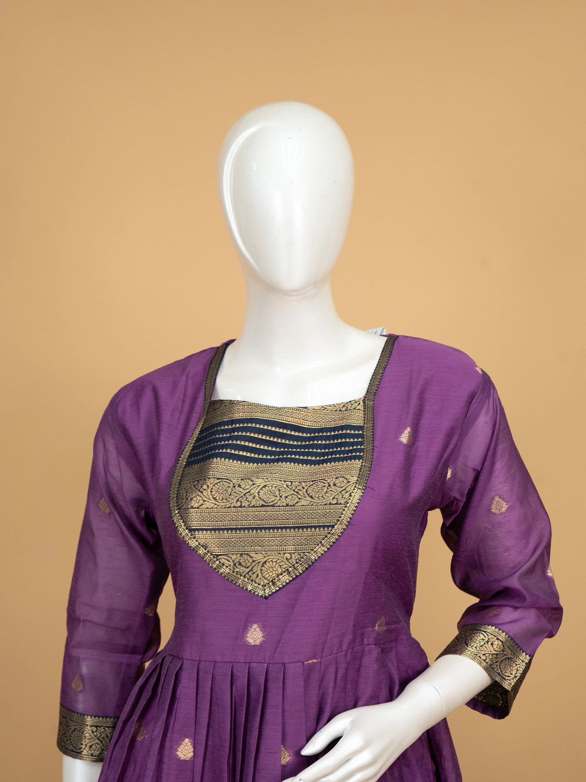 Purple Anarkali kurti set with navy blue zari woven yoke, dupatta and straight pants