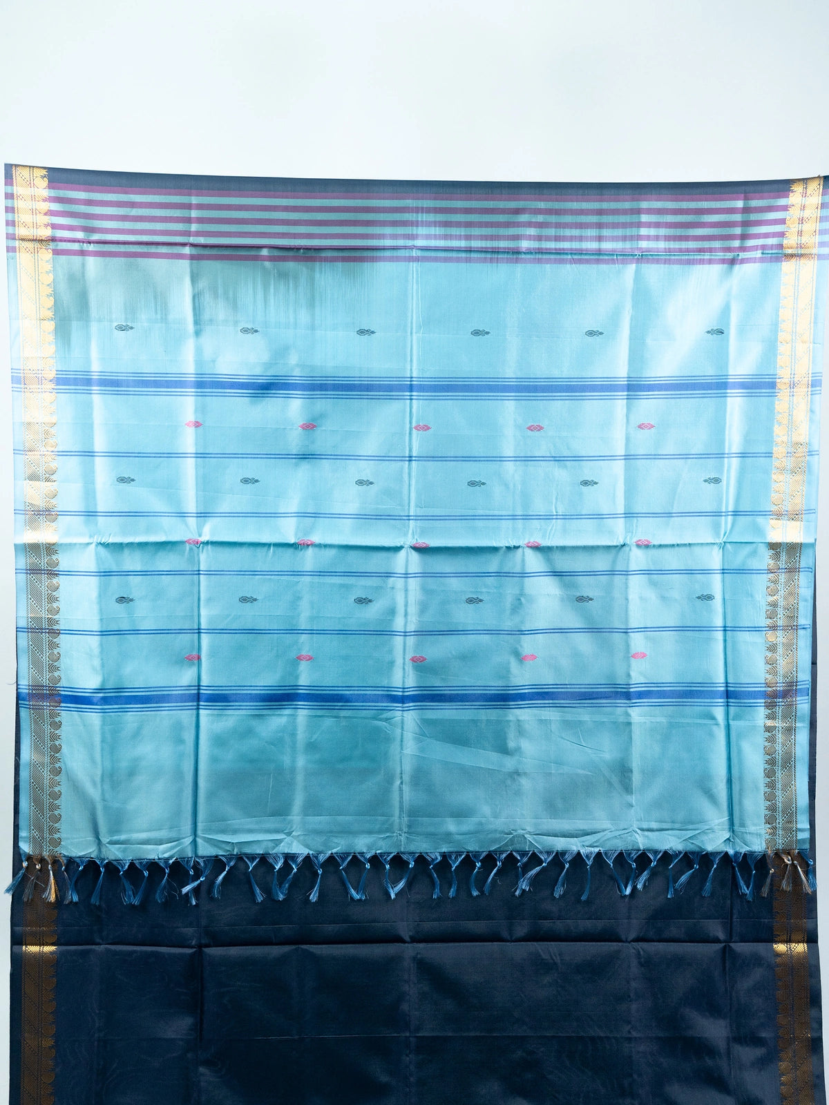 Navy blue Banana Silk saree with sky blue contrast pallu and gold zari border