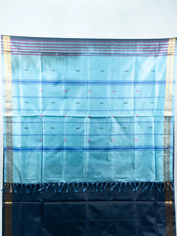 Navy blue Banana Silk saree with sky blue contrast pallu and gold zari border
