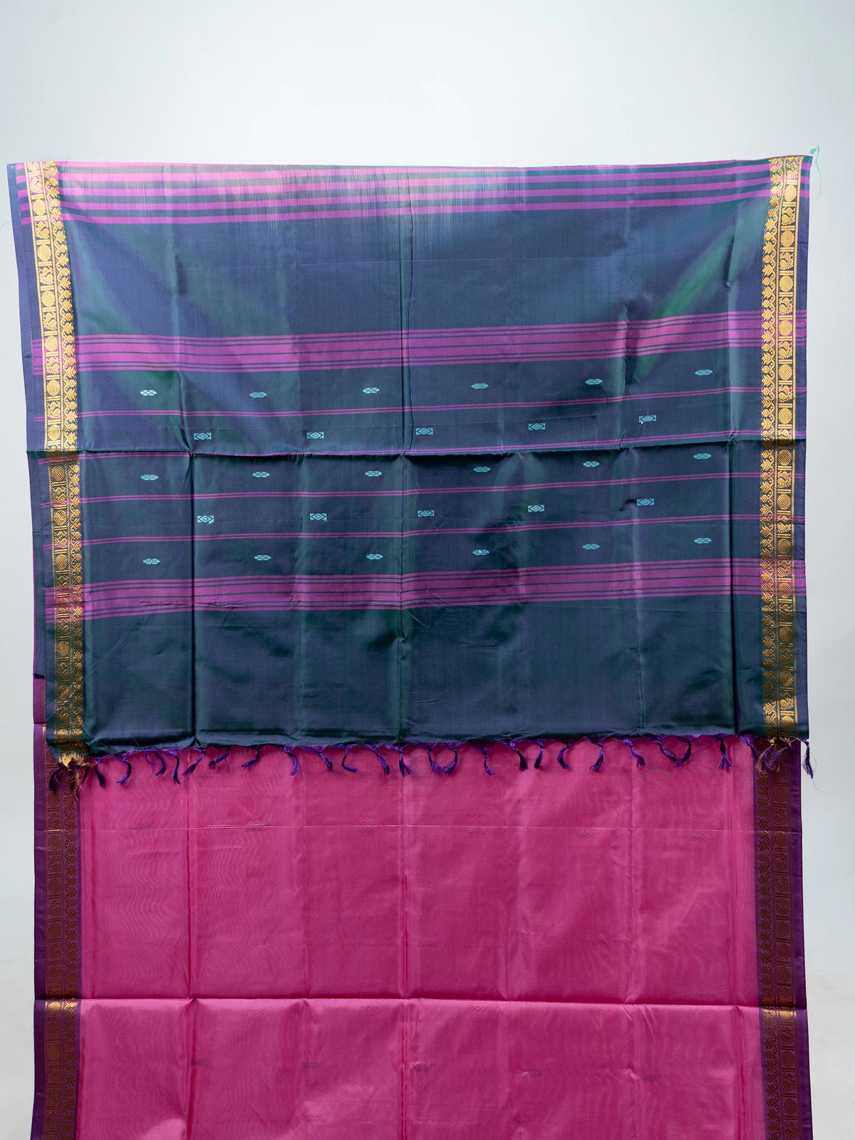 Pink and teal green Banana Silk saree with gold zari border and contrast striped pallu