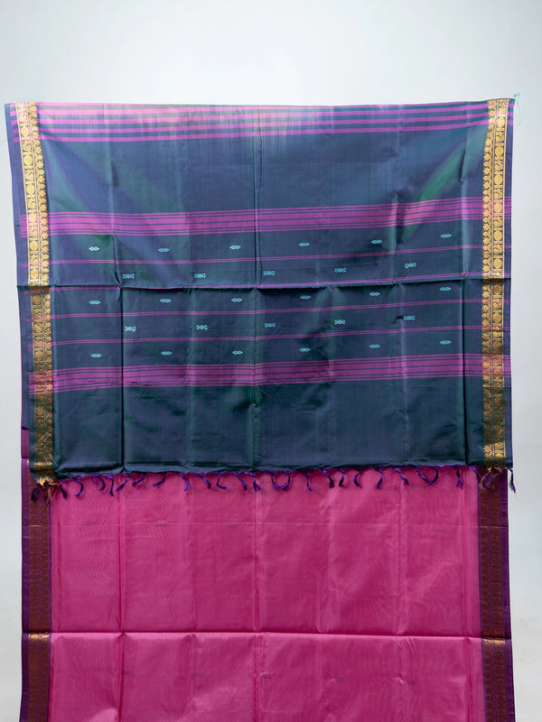 Pink and teal green Banana Silk saree with gold zari border and contrast striped pallu