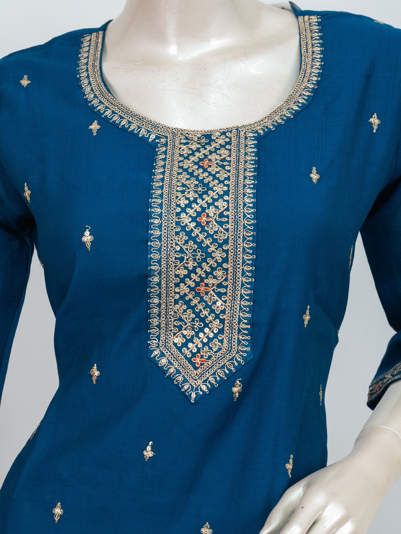 Teal Blue Art Silk Zari Embroidered Straight Cut Kurti Set