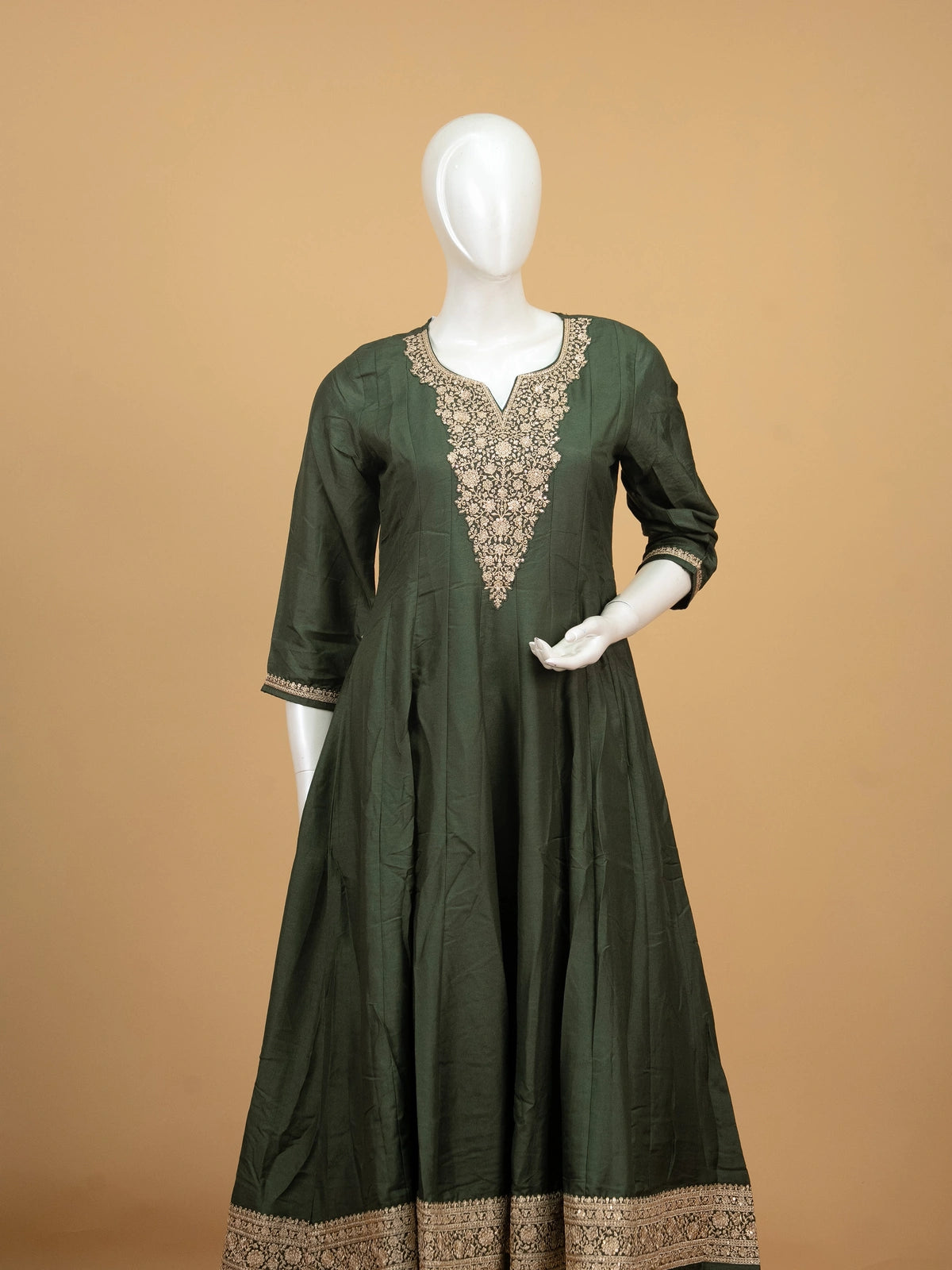 Bottle Green silk blend zari embroidered Anarkali kurti set with gold neckline and green gold dupatta