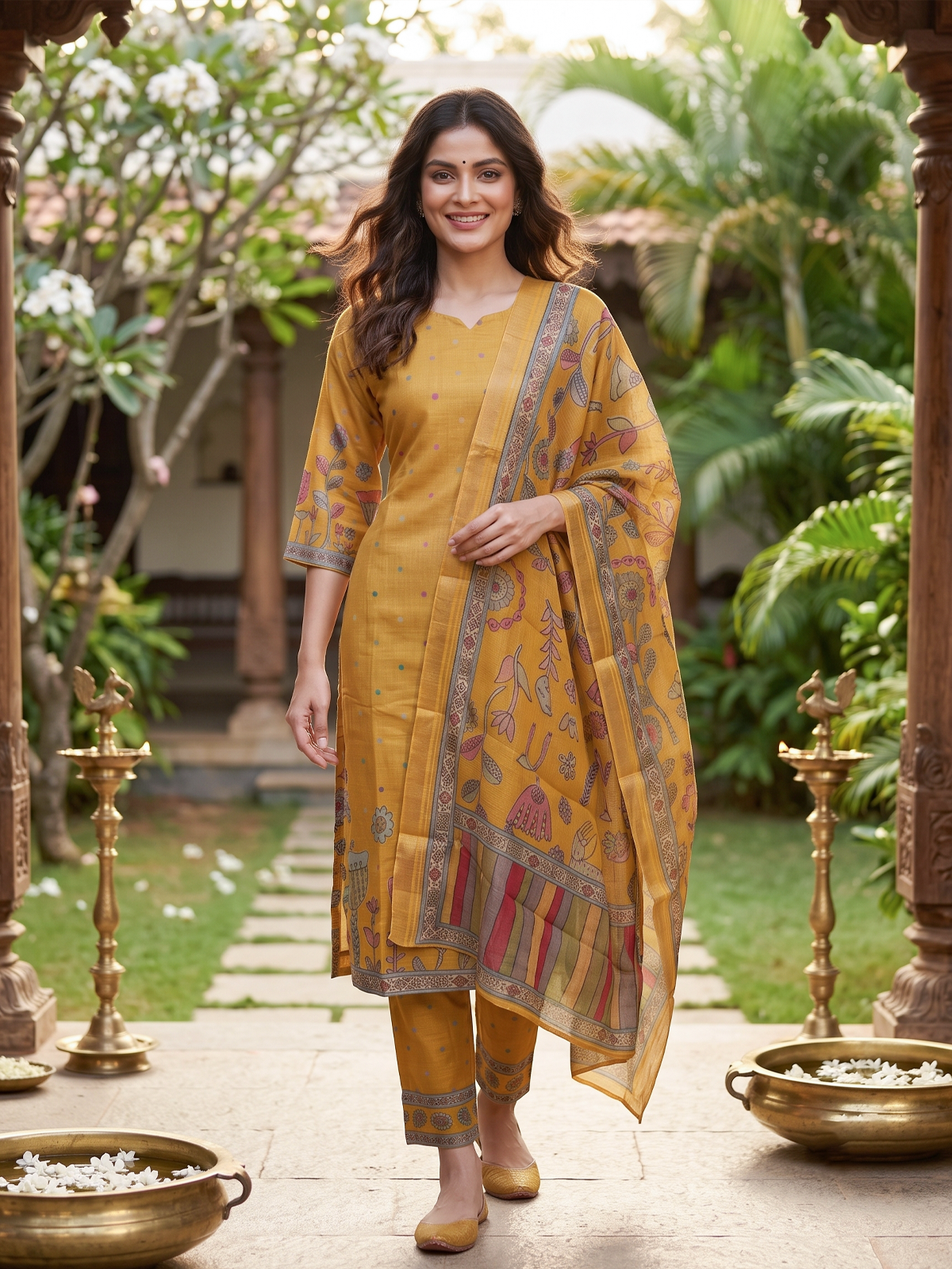 Mustard Kalamkaari Print Ready Made Straight Cut Kurti Set with Dupatta