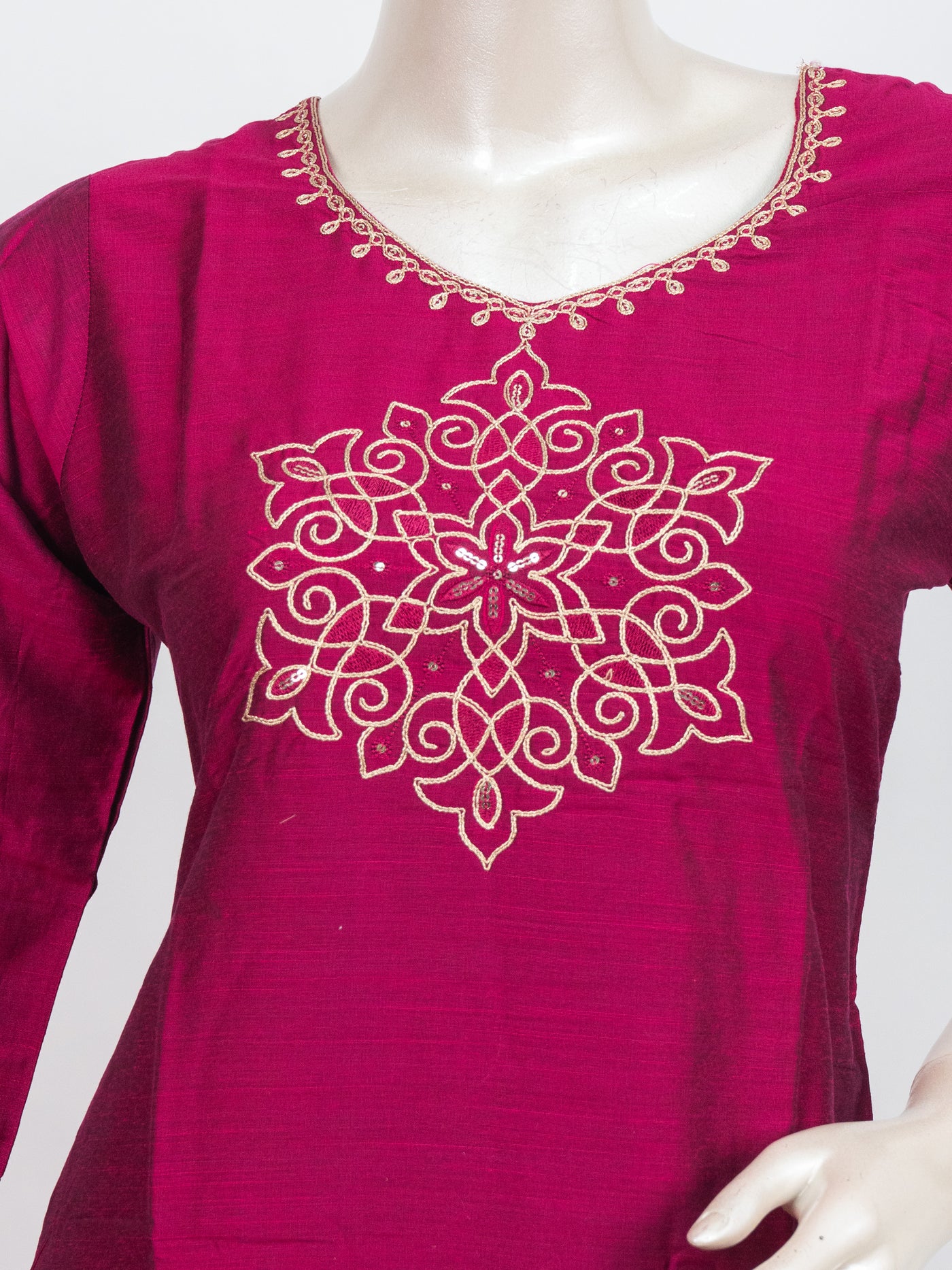 Rani Pink Art Silk Zari Embroidered Straight Cut Kurti Set