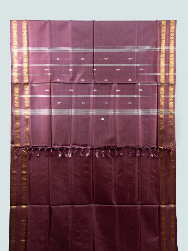 Wine maroon banana silk saree with gold zari border, silver buttas and contrast black blouse