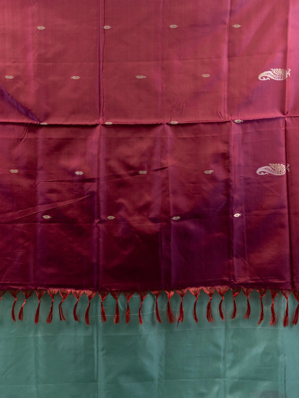 Sea green Banana Silk saree with contrast maroon pallu, paisley butta and silver zari motifs