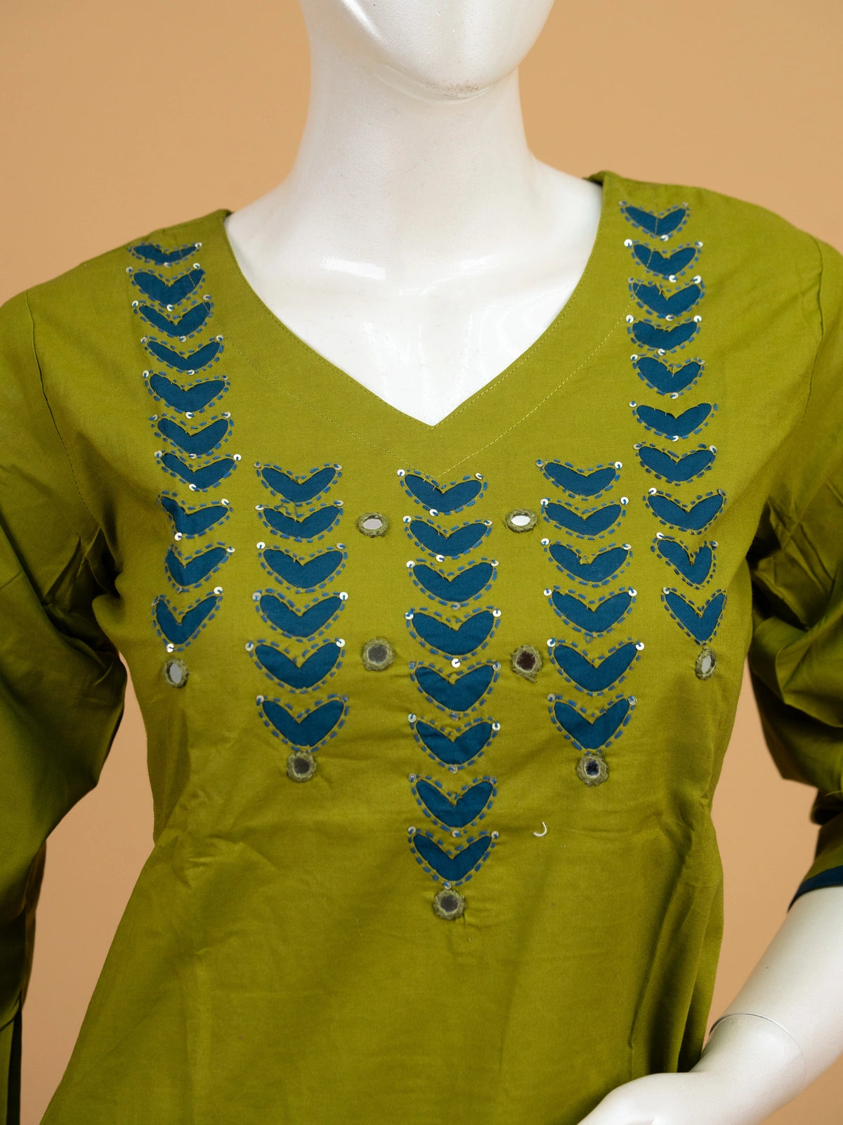 Olive green cotton straight cut kurti set with teal applique mirror work and matching teal floral dupatta