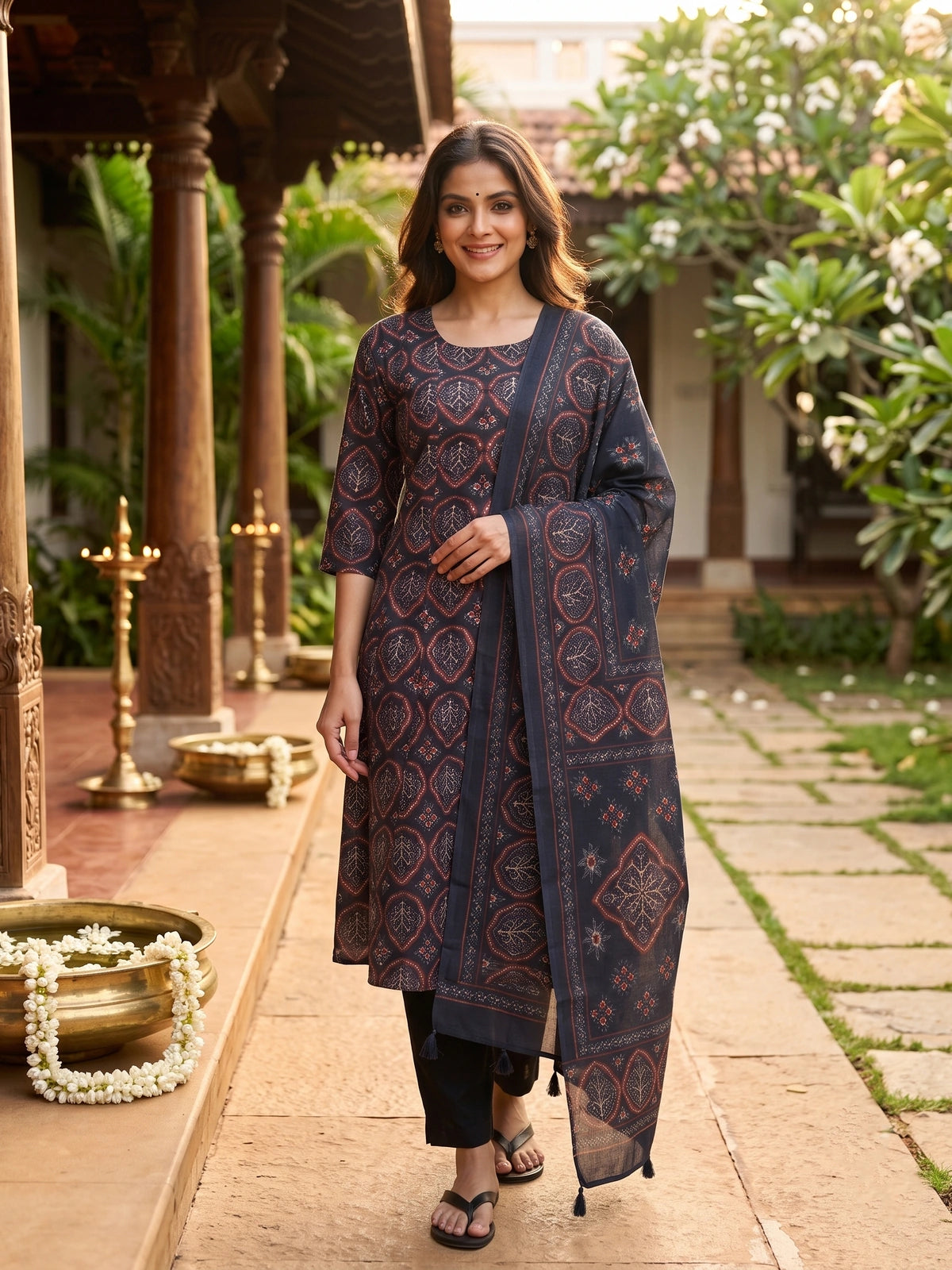 Navy Blue Ajrakh Print Cotton Umbrella Kurti Set with Dupatta