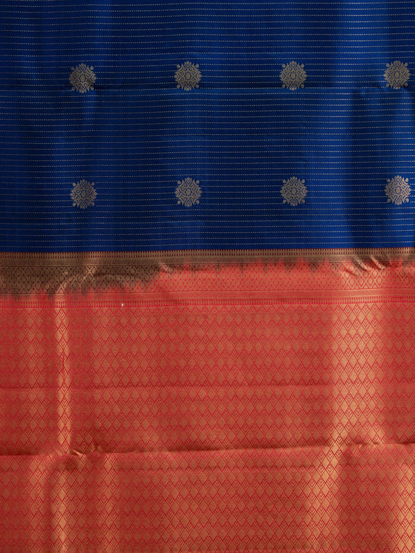 Navy blue pure Kanchipuram silk saree with gold zari stripes, floral buttas and contrast red gold zari border