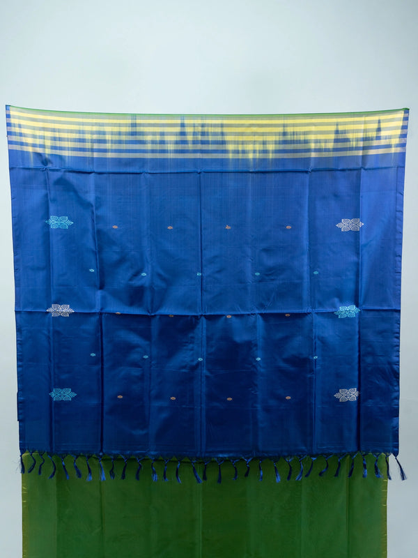 Green Banana Silk saree with royal blue contrast pallu, woven buttas and yellow-blue zari border