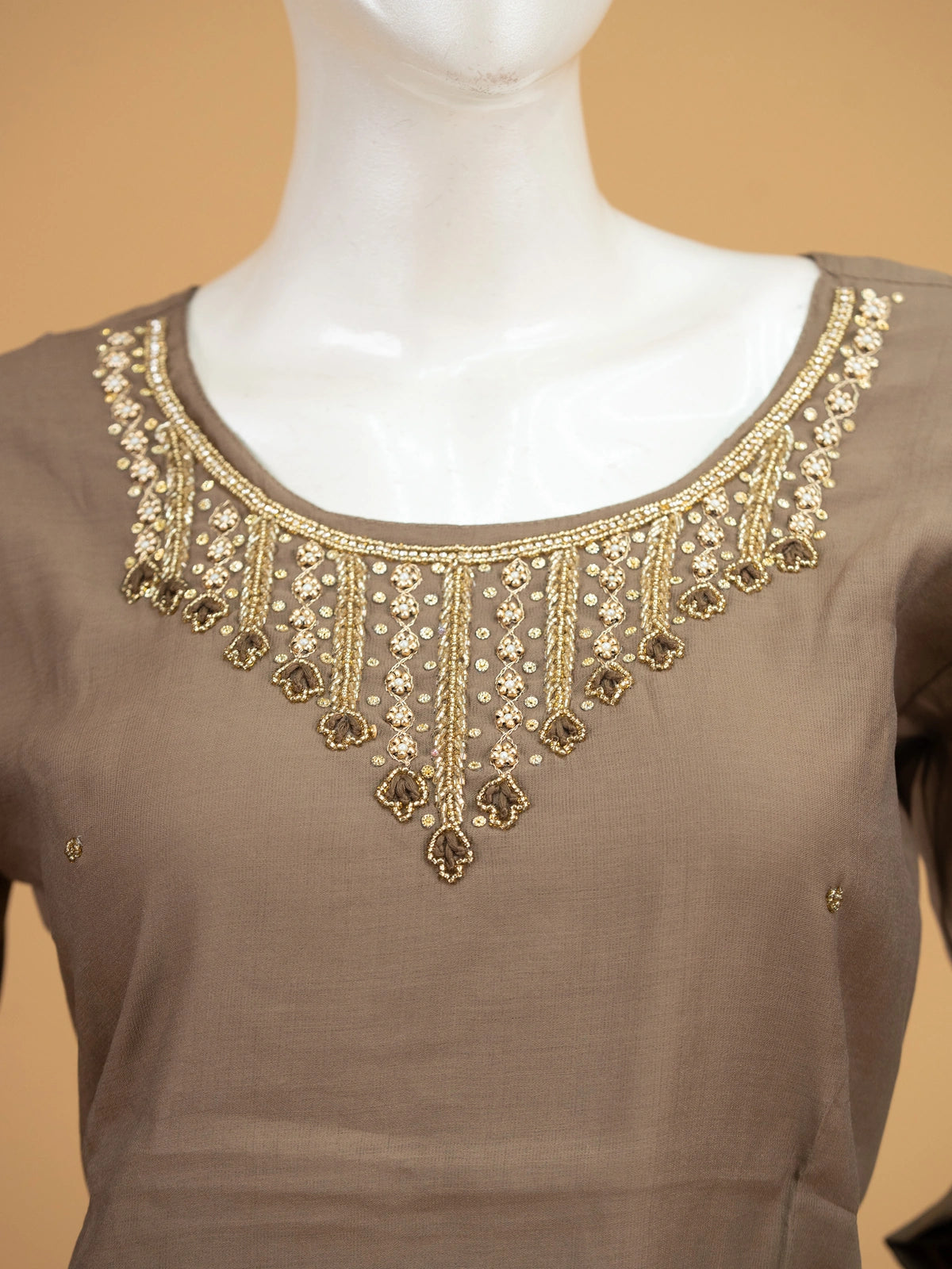 Taupe Brown embellished neckline cotton silk straight cut kurti set with zari woven dupatta