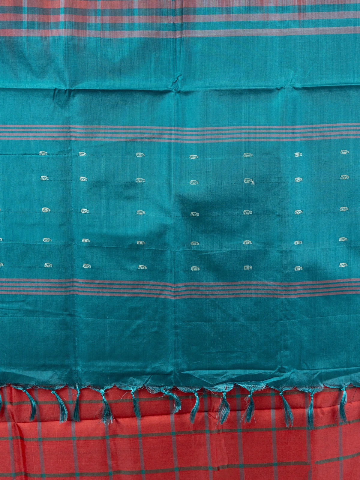 Coral red checked Banana Silk saree with contrast teal striped pallu and border