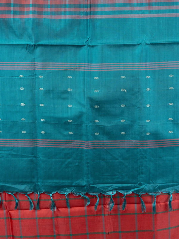 Coral red checked Banana Silk saree with contrast teal striped pallu and border
