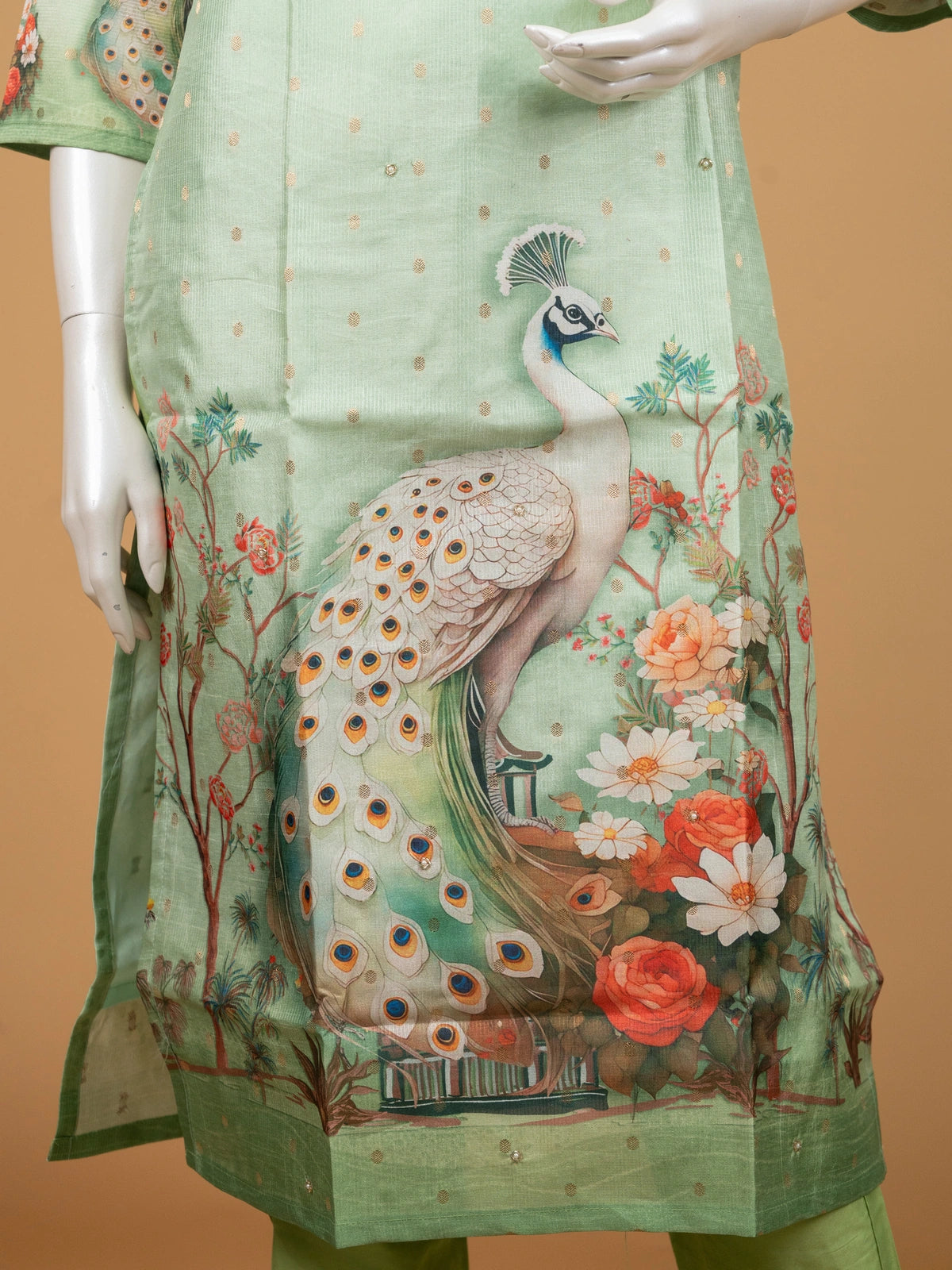 Pista green peacock print Chanderi silk straight cut kurti set with embellished neckline and printed dupatta