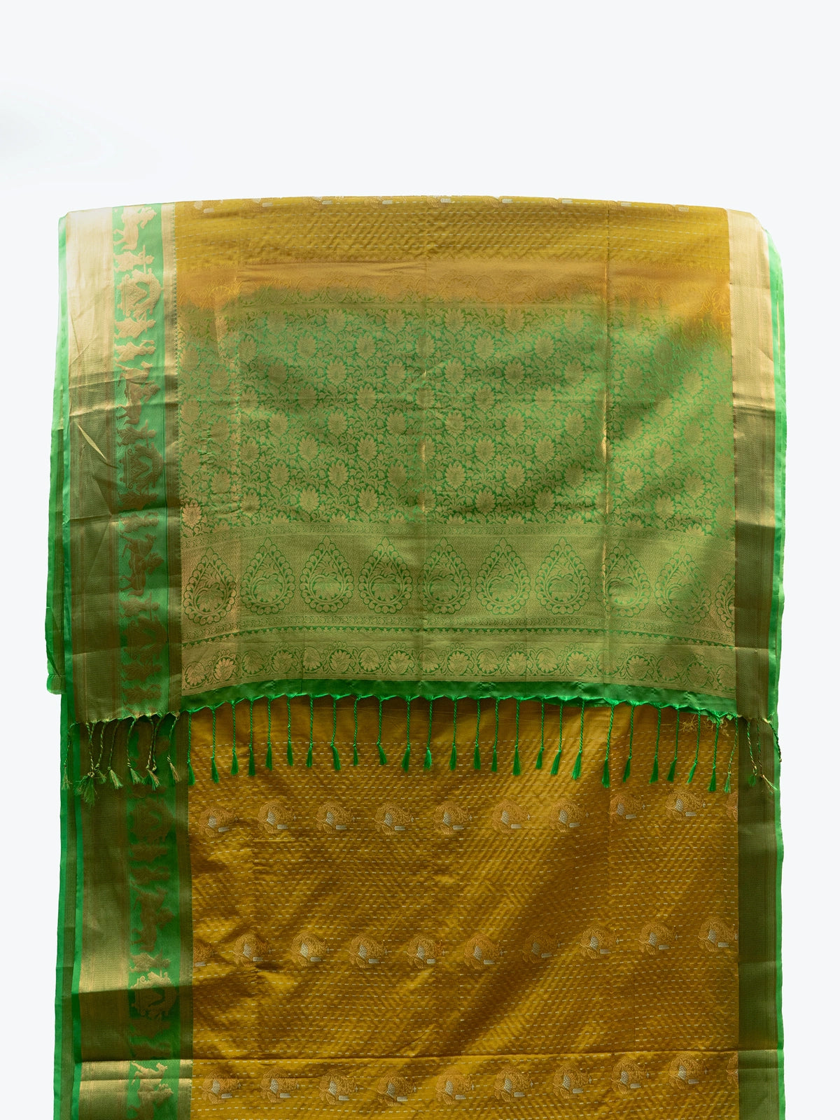 Mustard yellow soft silk saree with contrast green gold zari border and floral motif pallu