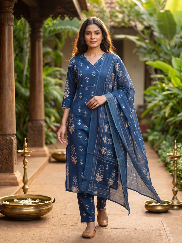 Indigo blue floral block print cotton kurti set with matching pants and printed border dupatta
