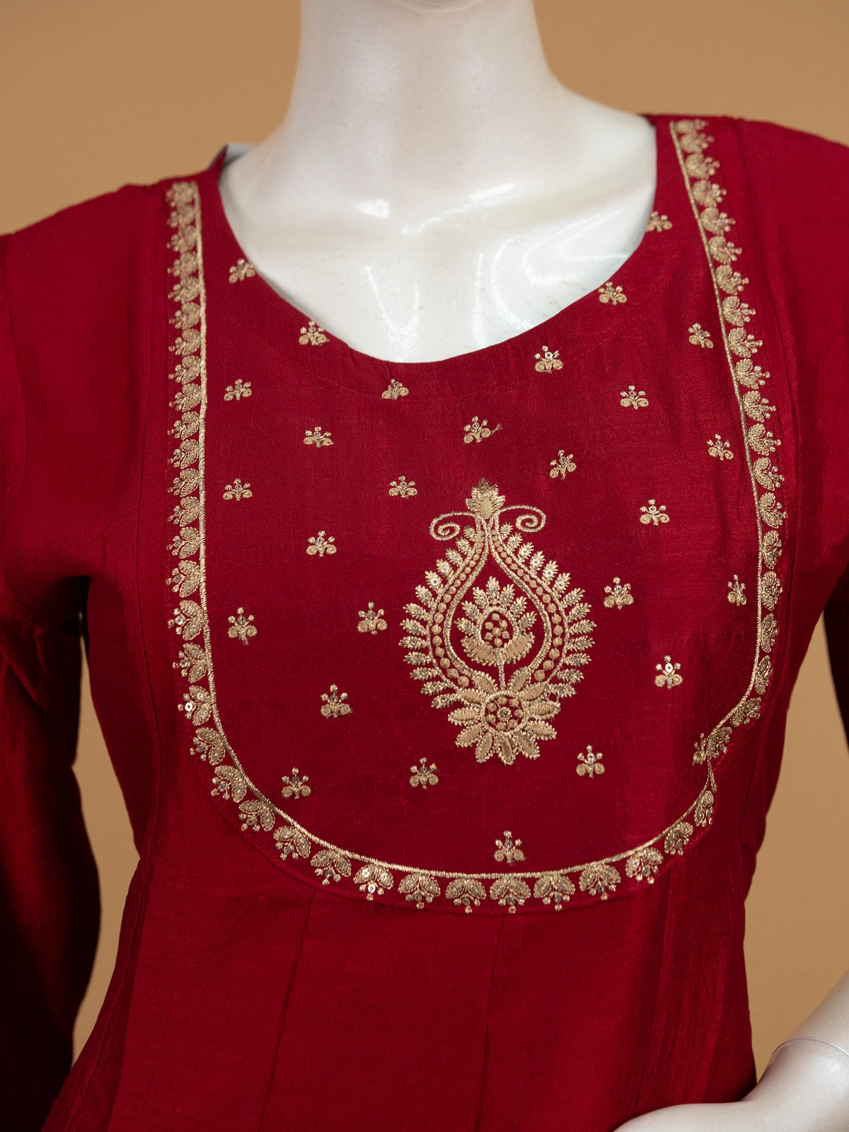 Red art silk zari embroidered Anarkali kurti set with matching pants and dupatta