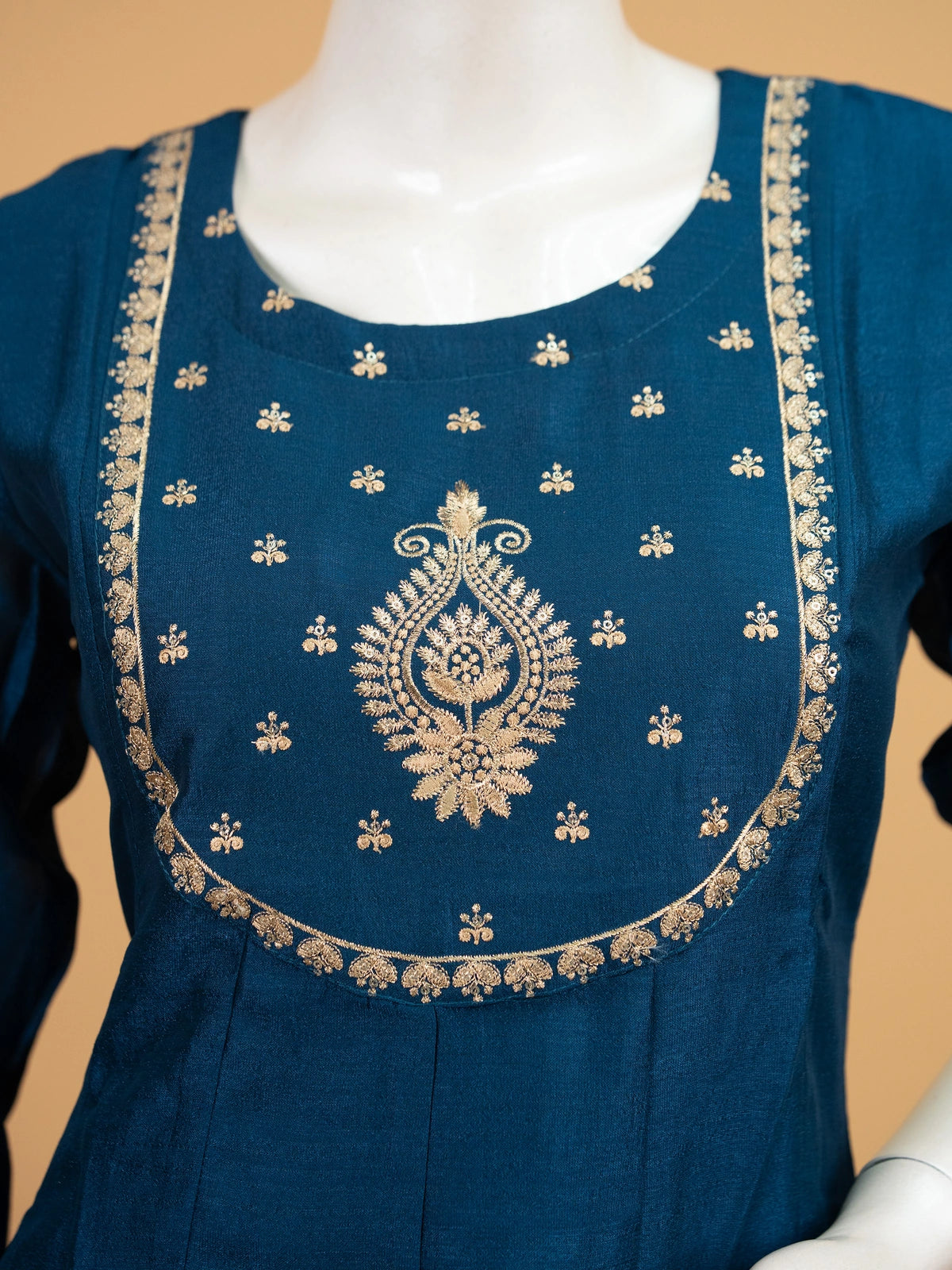 Teal Blue Zari Embroidered Art Silk Anarkali Kurti Set with gold embroidered yoke and striped dupatta