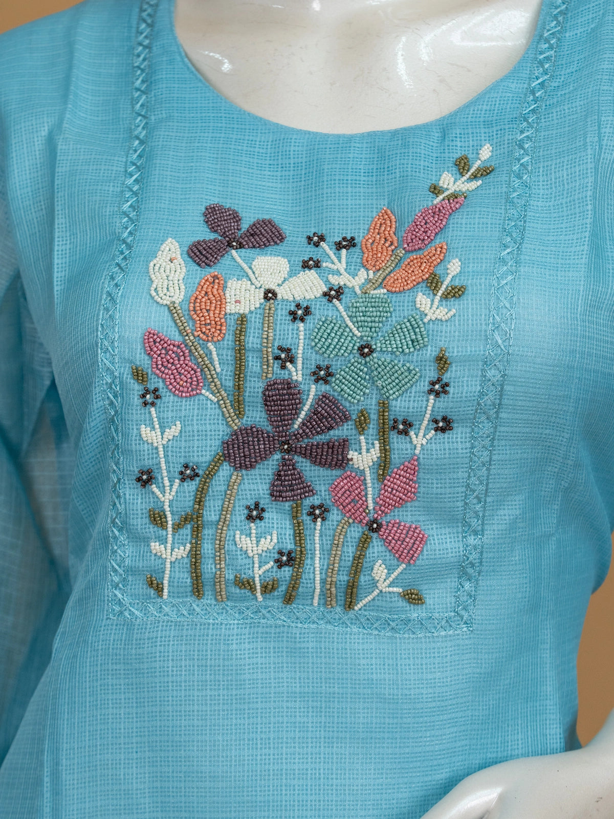 Sky blue Kota cotton straight cut kurti set with multicolour beaded floral embroidery and matching dupatta