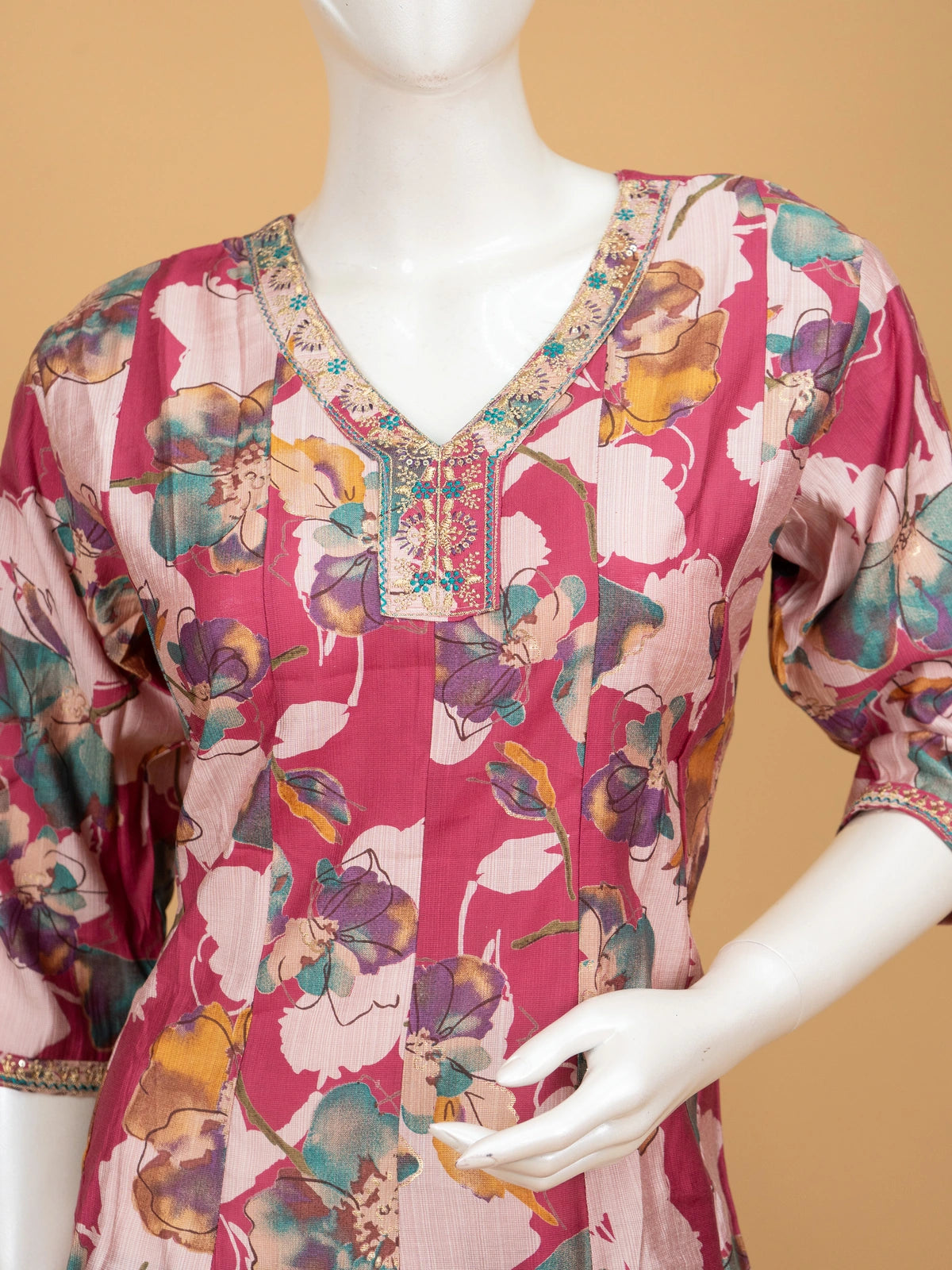 Pink floral printed silk blend A-line kurti set with embellished neckline and contrasting teal dupatta