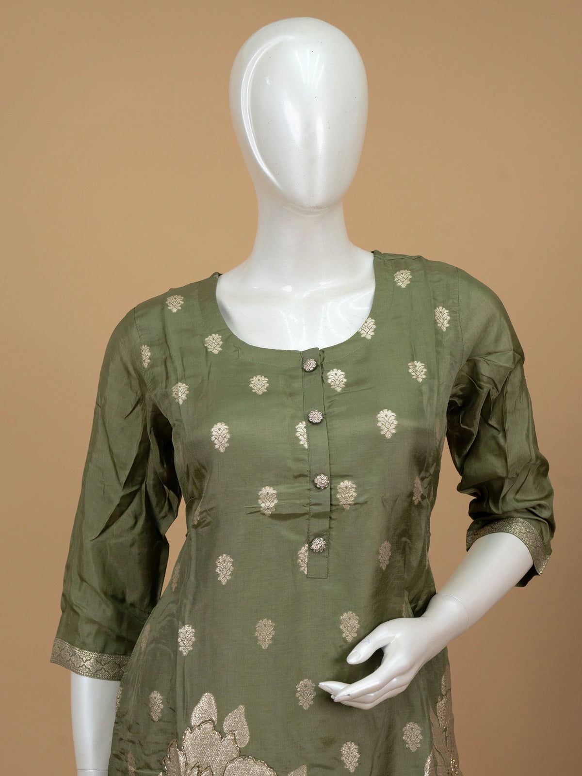 Olive Green zari floral silk straight cut kurti set with dupatta