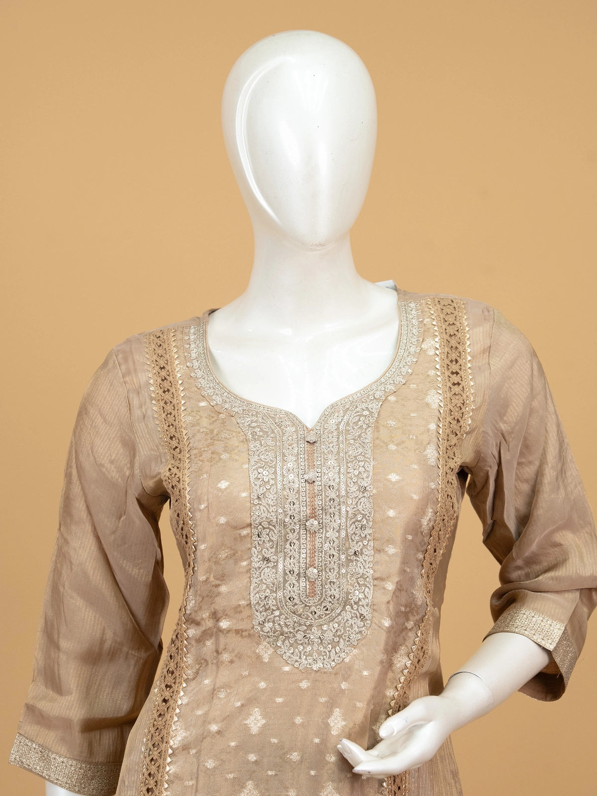 Beige Chanderi silk zari embroidered straight cut kurti set with matching dupatta