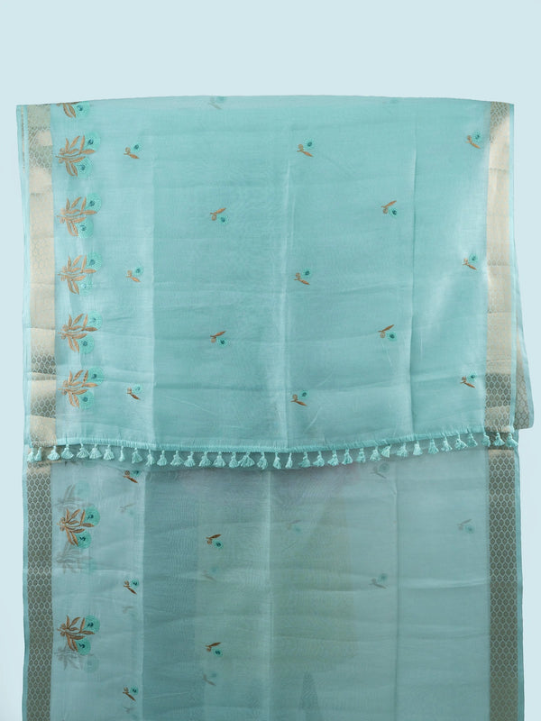 Sky blue linen cotton saree with gold zari border and embroidered floral buttas