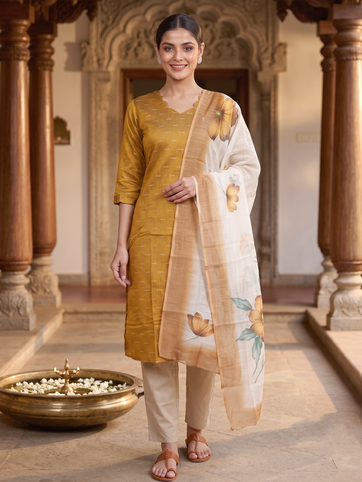 Mustard woven kurti set with beige pants and floral print cream dupatta