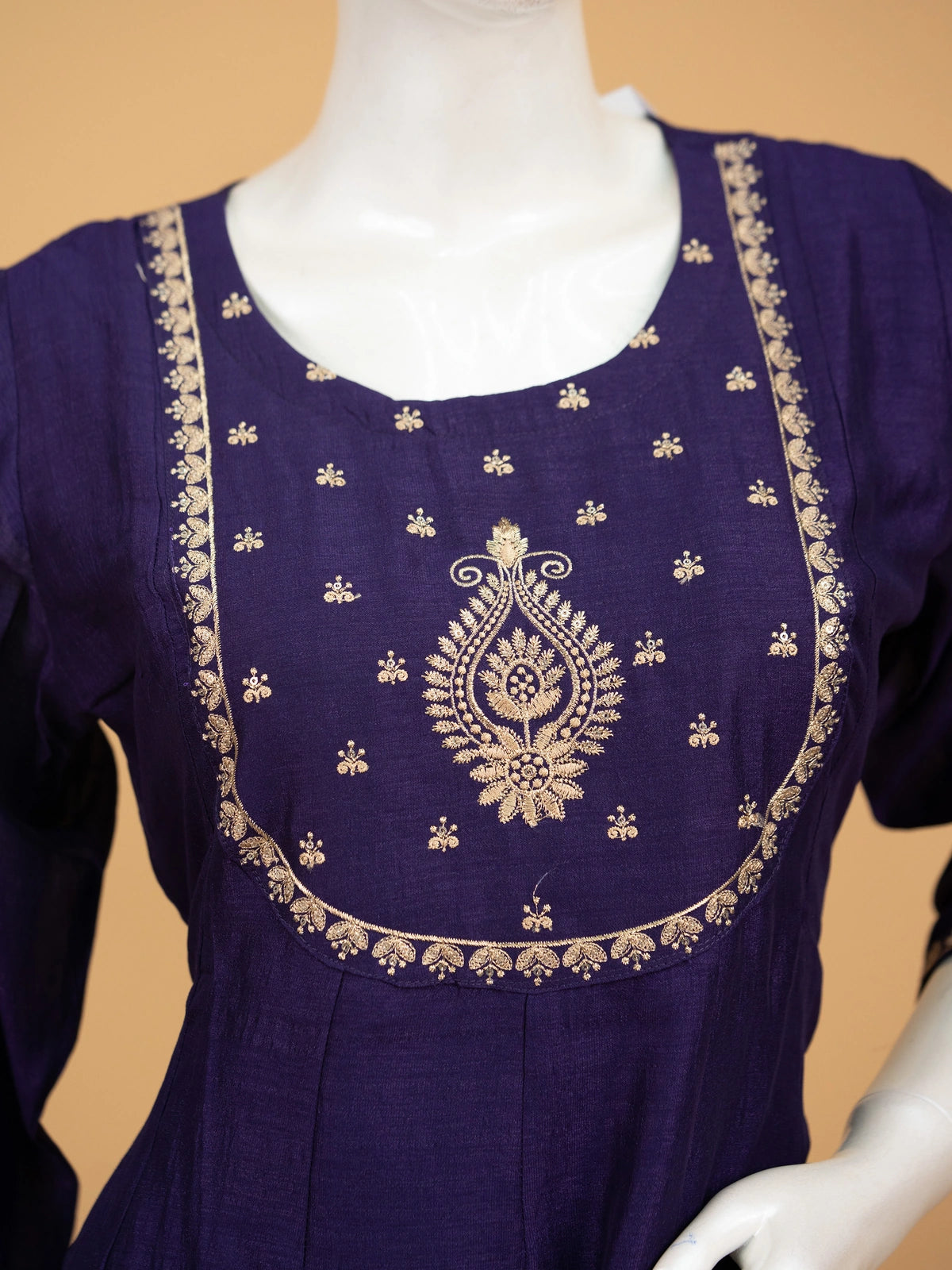 Purple cotton silk zari embroidered Anarkali kurti set with pants and dupatta
