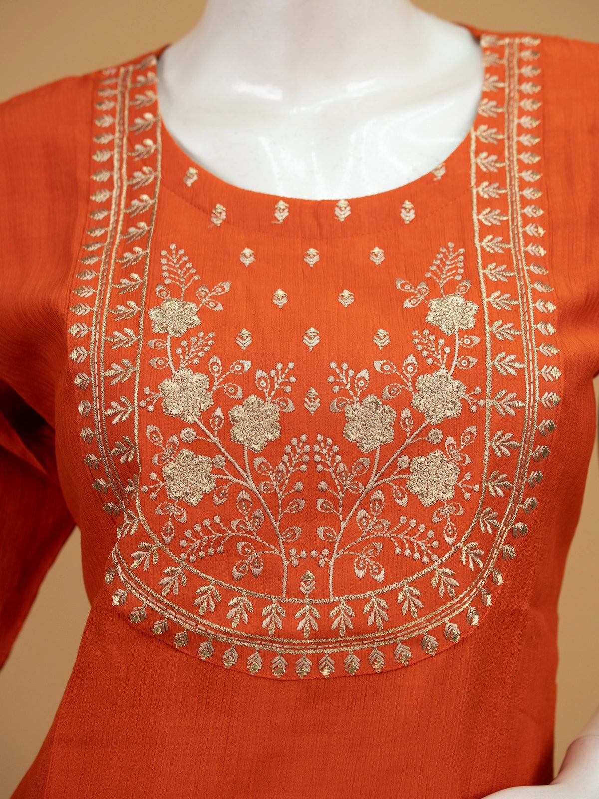 Orange zari embroidered cotton silk straight cut kurti set with printed dupatta