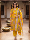 Yellow Floral Cotton Straight Cut Kurti Set with Dupatta