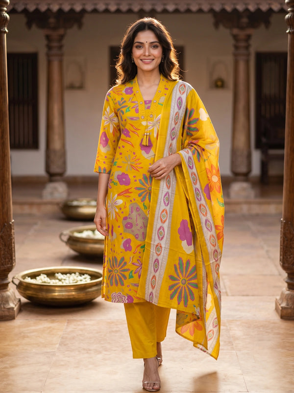 Yellow floral printed cotton kurti set with matching pants and printed dupatta