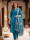 Teal Blue Zari Embroidered Straight Cut Kurti Set with Floral Dupatta
