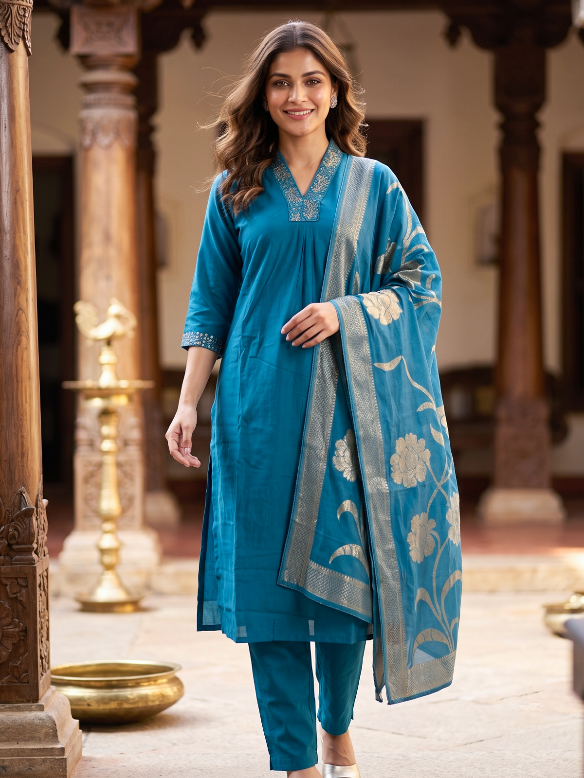 Teal Blue Zari Embroidered Straight Cut Kurti Set with Floral Dupatta