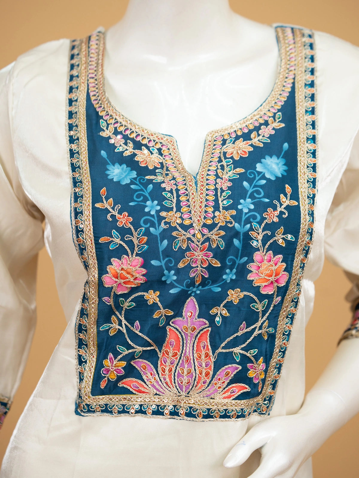 Cream art silk straight cut kurti set with teal floral embroidered yoke and printed dupatta