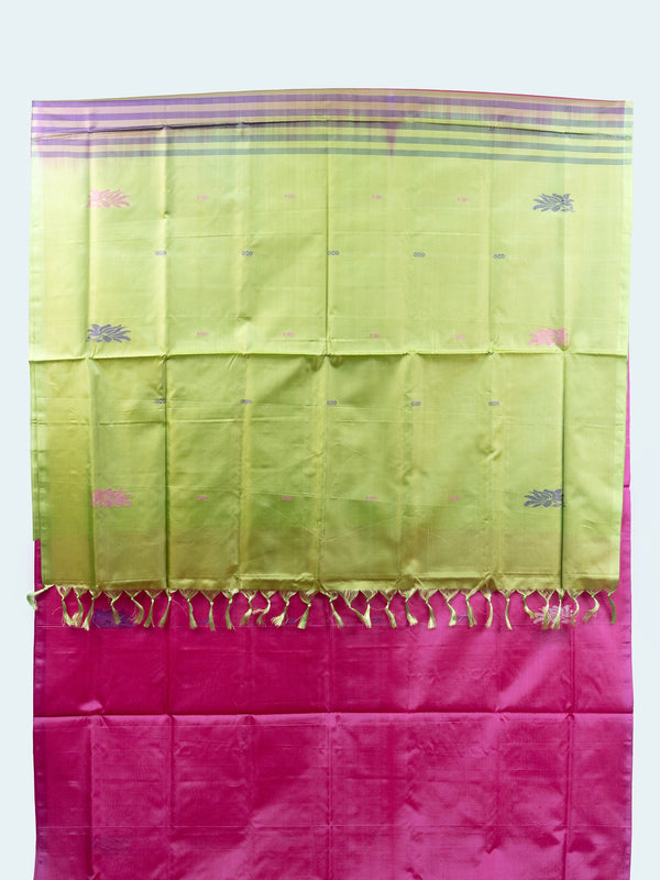 Rani pink Banana Silk saree with lime green contrast pallu, gold zari border and woven floral buttas