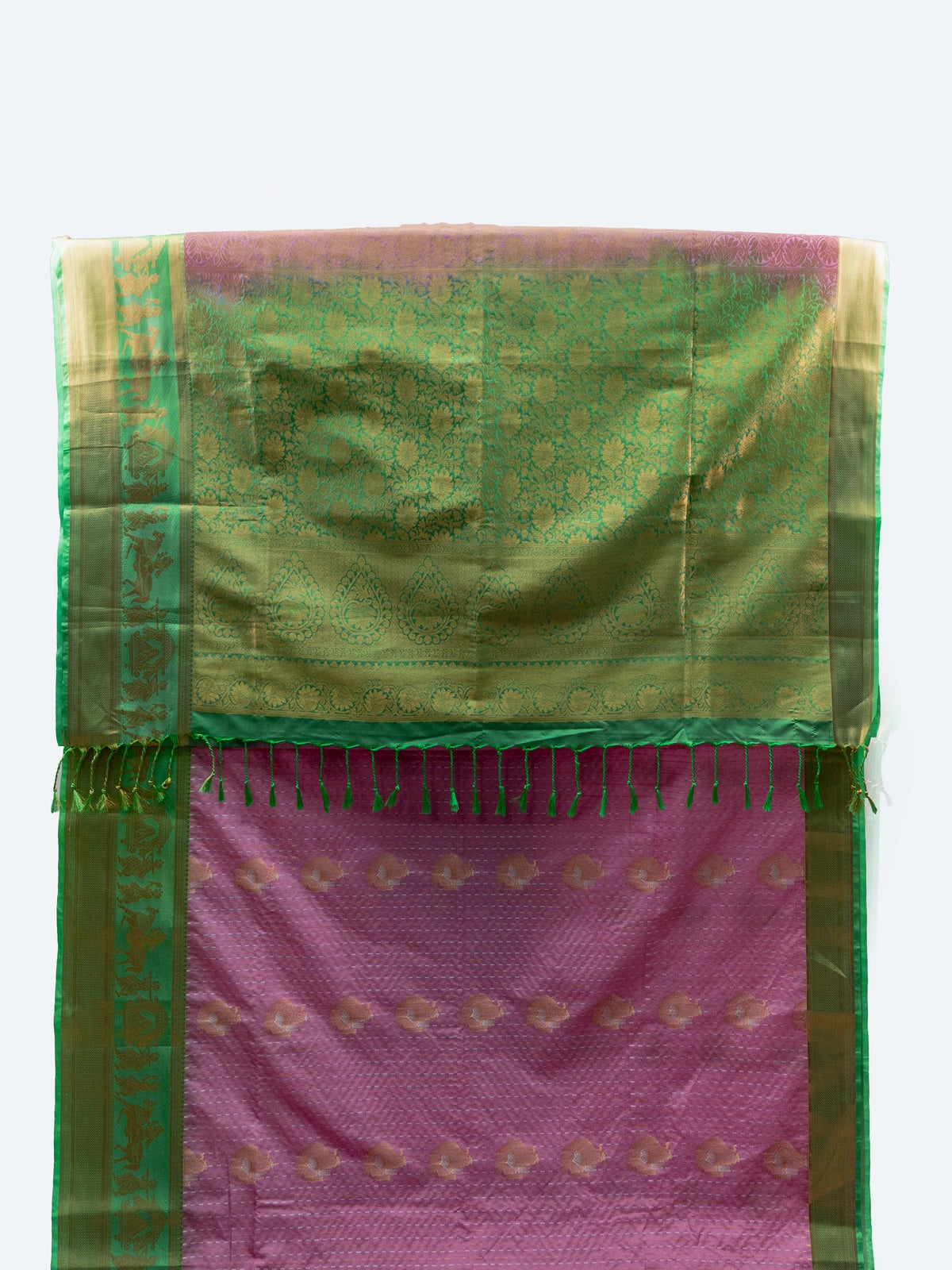 Pink soft silk saree with contrast green and gold zari border and floral zari pallu
