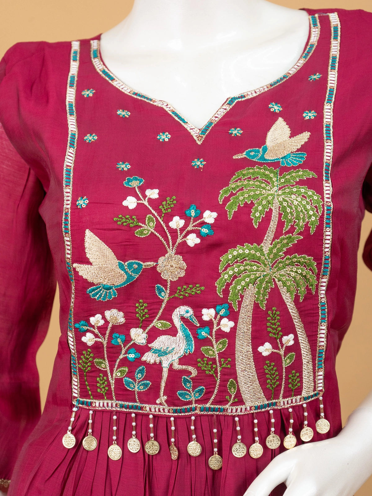 Rani Pink embroidered Anarkali kurti set with bird and palm motifs and matching dupatta