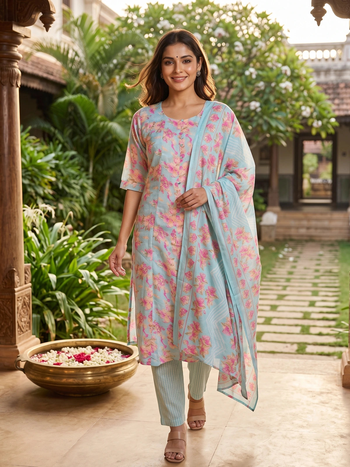 Sky Blue Pink Floral Cotton Straight Cut Kurti Set with Dupatta