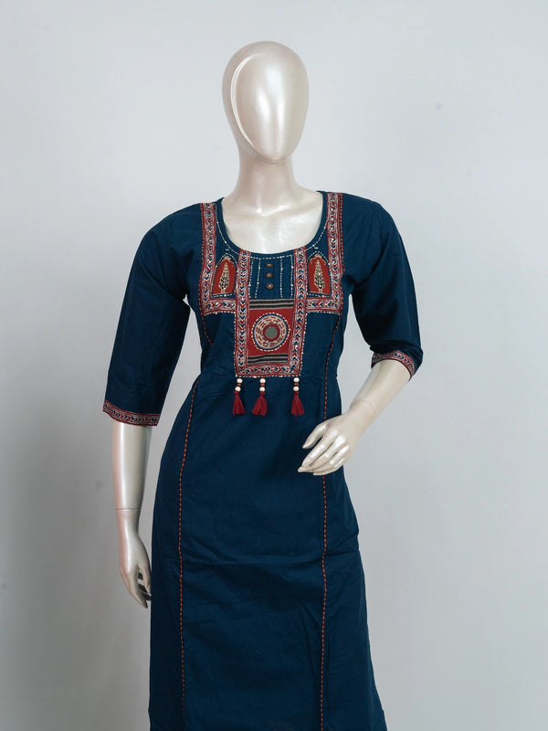 Teal Blue cotton straight cut kurti set with maroon mirror work embroidered yoke and block-printed dupatta