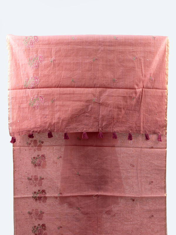 Dusty rose pink linen cotton saree with floral embroidery, sequin work, gold border and tasselled pallu